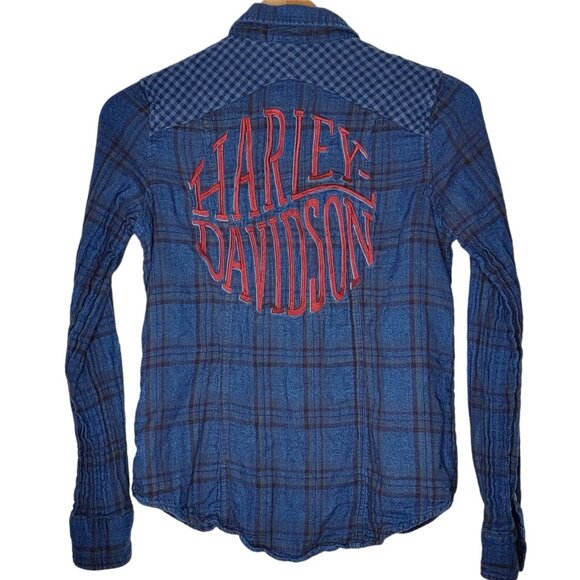 Harley Davidson Small Blue Long Sleeve Button Down Embroidered Back Shirt‎ S - Picture 2 of 6